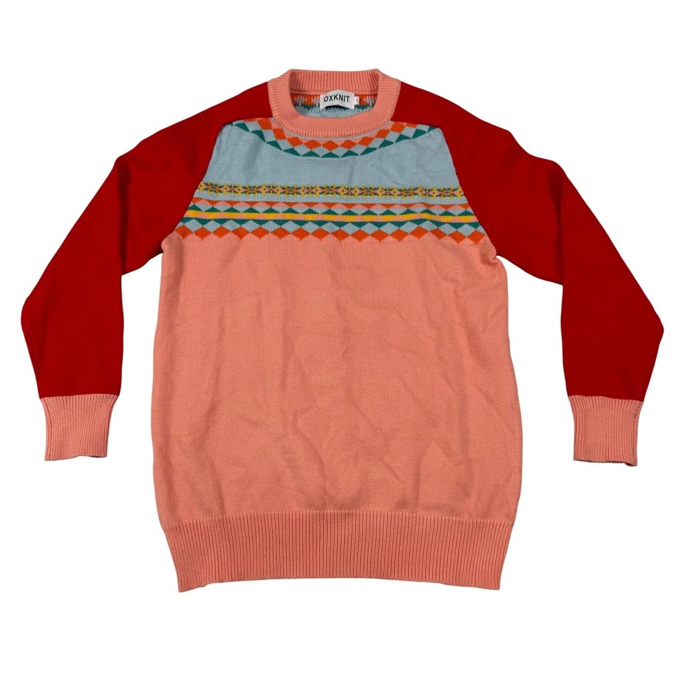 OXKNIT Womens Colorblock Fair Isle Sweater Peach Red Geometric Knit Pullover L